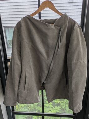 Ladies' Asymmetrical Zip Suede Jacket - Taupe